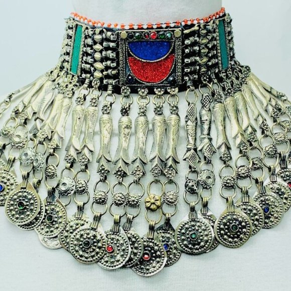 Antique Choker Necklace With Fish Motifs and CoinsTribal Choker Necklace